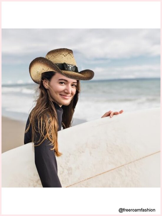 Straw Cowboy Hat with 3 Decorative Bands, Wide Brim Sun Protection